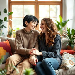 A loving lesbian couple sitting together in a cozy living room
