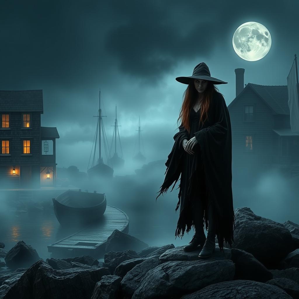 A dark, mysterious witch standing on a rocky shore in a haunted New England fishing village, surrounded by dense fog