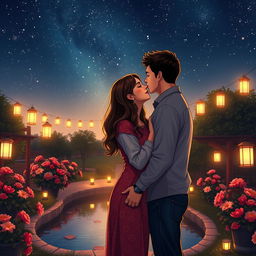 A romantic scene depicting two people sharing a gentle kiss under a starry night sky