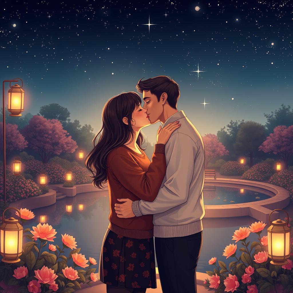 A romantic scene depicting two people sharing a gentle kiss under a starry night sky