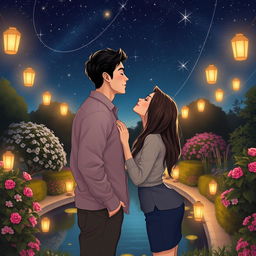 A romantic scene depicting two people sharing a gentle kiss under a starry night sky