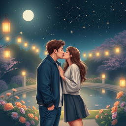 A romantic scene depicting two people sharing a gentle kiss under a starry night sky