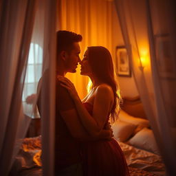 A romantic and intimate scene depicting a couple in a cozy, dimly lit room