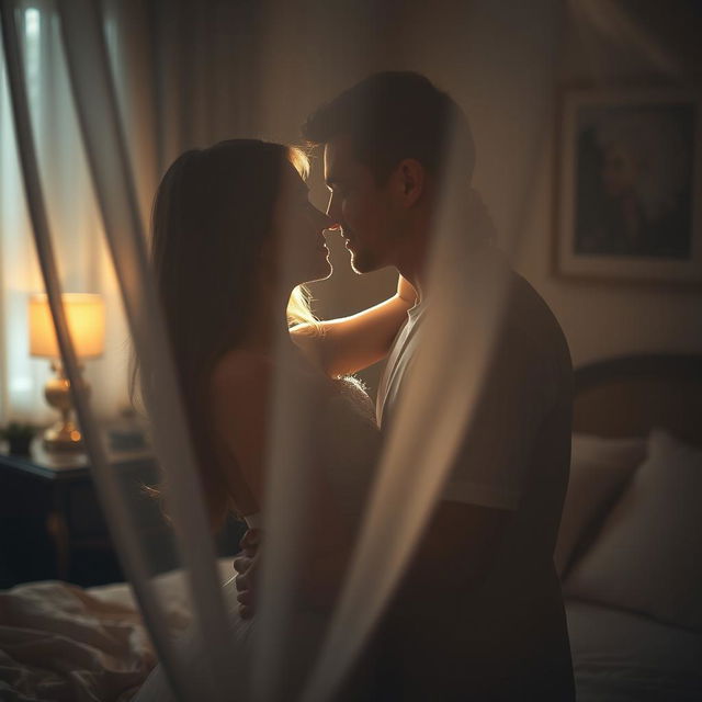A romantic and intimate scene depicting a couple in a cozy, dimly lit room
