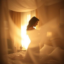 A romantic and intimate scene depicting a couple in a cozy, dimly lit room