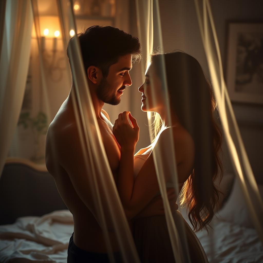 A romantic and intimate scene depicting a couple in a cozy, dimly lit room