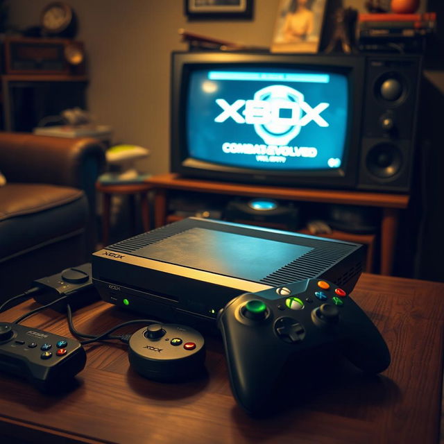 A nostalgic scene featuring the first Xbox console, placed on a wooden coffee table surrounded by classic gaming accessories