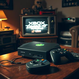 A nostalgic scene featuring the first Xbox console, placed on a wooden coffee table surrounded by classic gaming accessories
