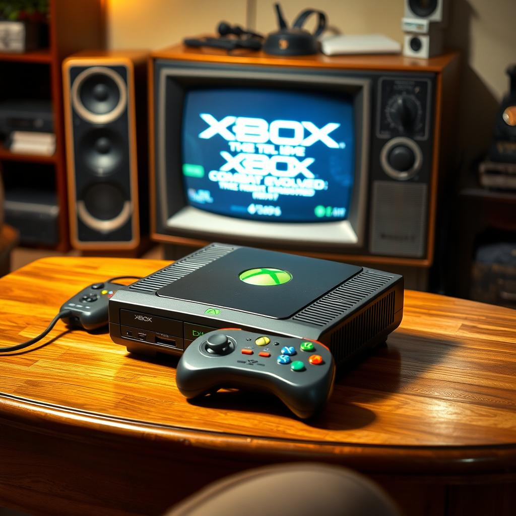 A nostalgic scene featuring the first Xbox console, placed on a wooden coffee table surrounded by classic gaming accessories