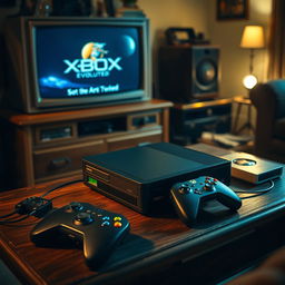 A nostalgic scene featuring the first Xbox console, placed on a wooden coffee table surrounded by classic gaming accessories