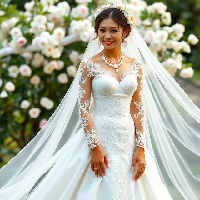 A person wearing a beautiful, elegant wedding outfit