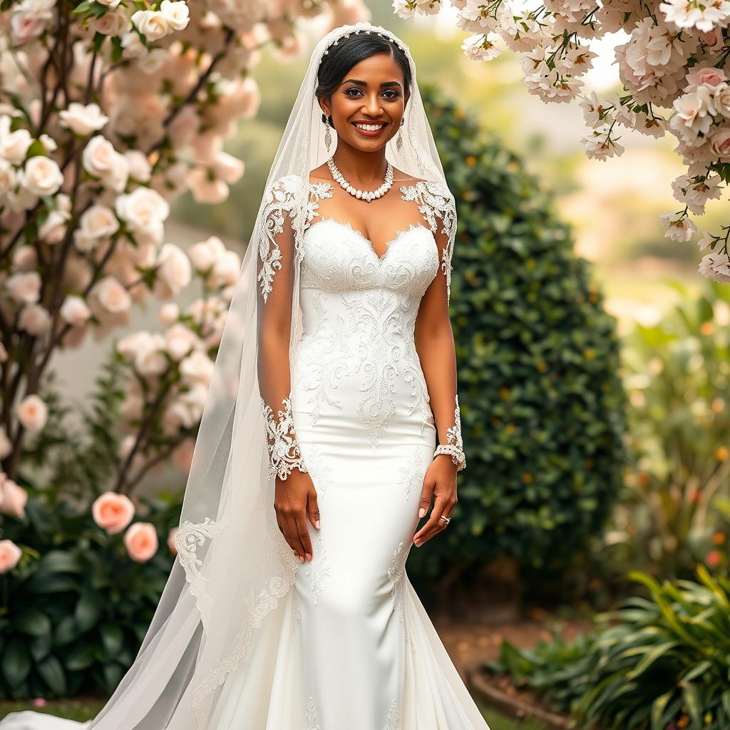 A person wearing a beautiful, elegant wedding outfit