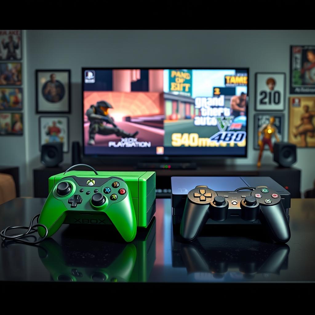 An epic comparison scene showcasing the first Xbox console and the PlayStation 2 side by side on a sleek black gaming table