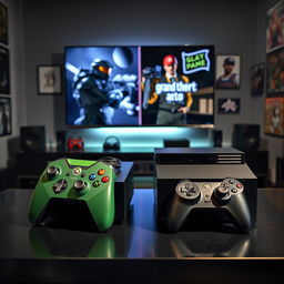 An epic comparison scene showcasing the first Xbox console and the PlayStation 2 side by side on a sleek black gaming table