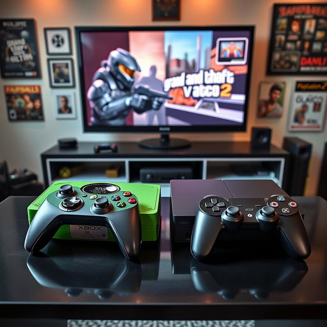 An epic comparison scene showcasing the first Xbox console and the PlayStation 2 side by side on a sleek black gaming table