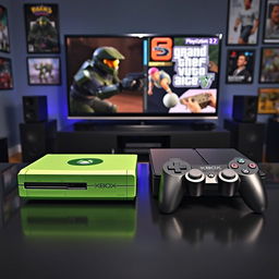 An epic comparison scene showcasing the first Xbox console and the PlayStation 2 side by side on a sleek black gaming table