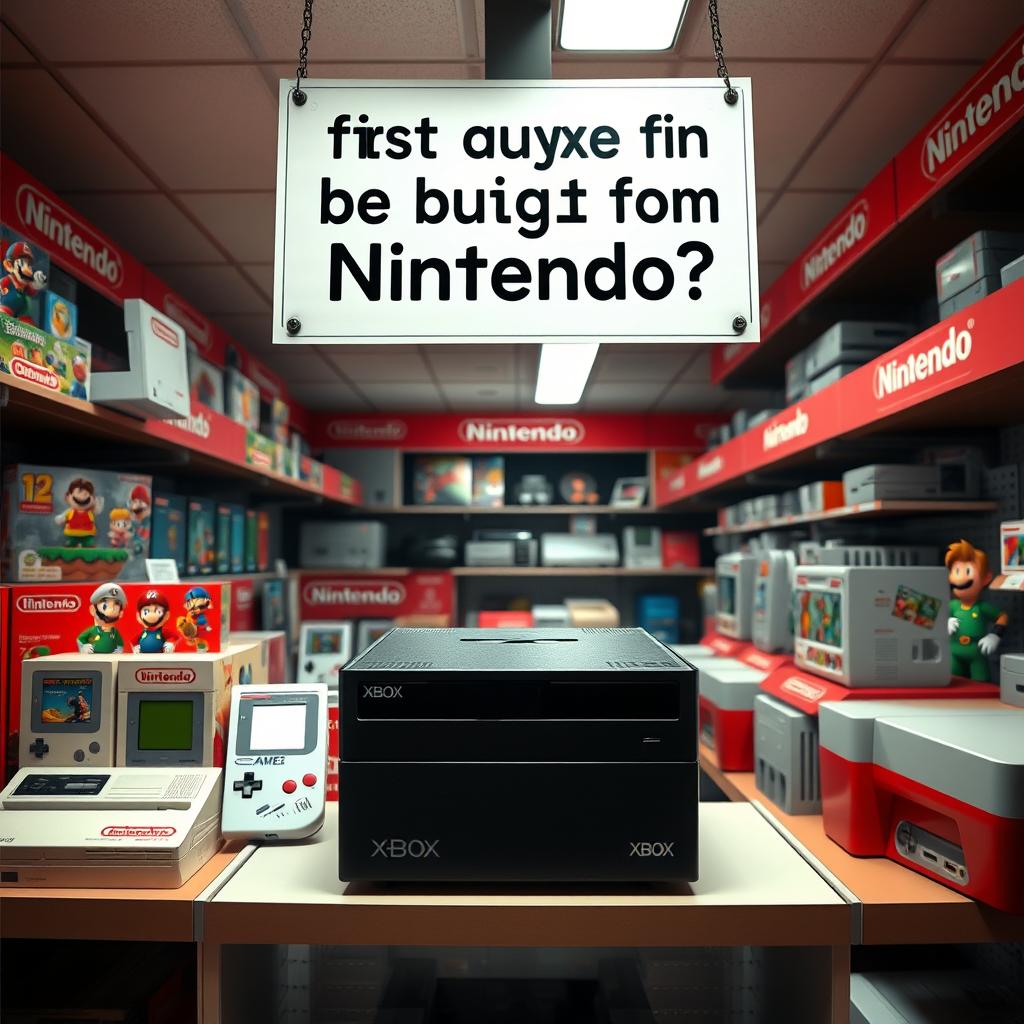 An imaginative scene depicting a humorous crossover where the first Xbox console is placed in a vibrant Nintendo-themed store