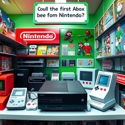An imaginative scene depicting a humorous crossover where the first Xbox console is placed in a vibrant Nintendo-themed store