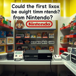An imaginative scene depicting a humorous crossover where the first Xbox console is placed in a vibrant Nintendo-themed store