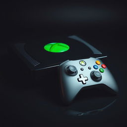 A visually striking close-up of the original Xbox console, showcasing its sleek black casing and distinctive green circular logo