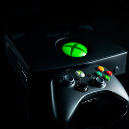 A visually striking close-up of the original Xbox console, showcasing its sleek black casing and distinctive green circular logo