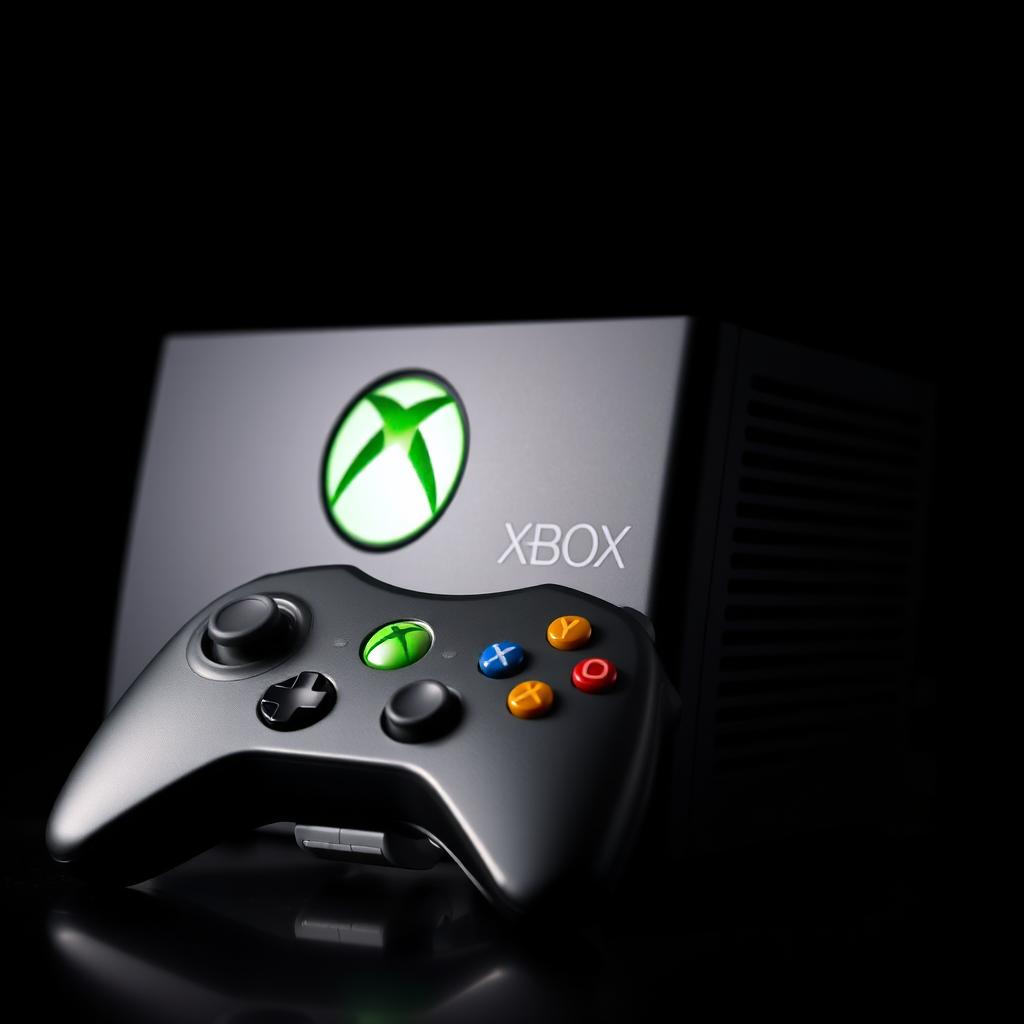 A visually striking close-up of the original Xbox console, showcasing its sleek black casing and distinctive green circular logo