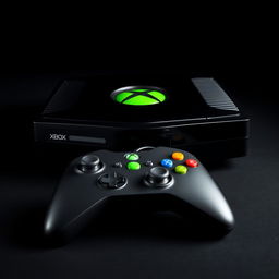 A visually striking close-up of the original Xbox console, showcasing its sleek black casing and distinctive green circular logo