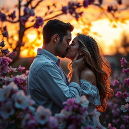 A romantic scene of two people passionately kissing in a beautiful sunset setting, surrounded by blooming flowers and soft, glowing light