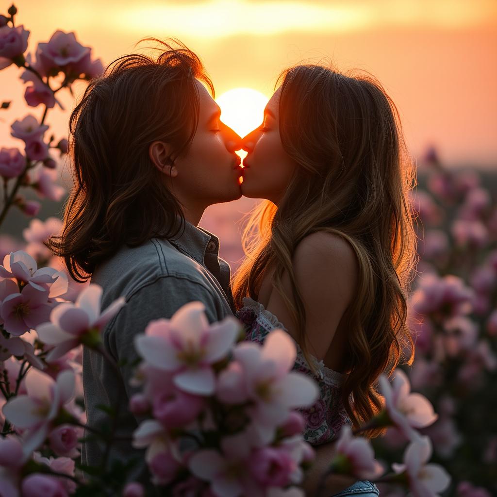 A romantic scene of two people passionately kissing in a beautiful sunset setting, surrounded by blooming flowers and soft, glowing light
