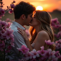 A romantic scene of two people passionately kissing in a beautiful sunset setting, surrounded by blooming flowers and soft, glowing light