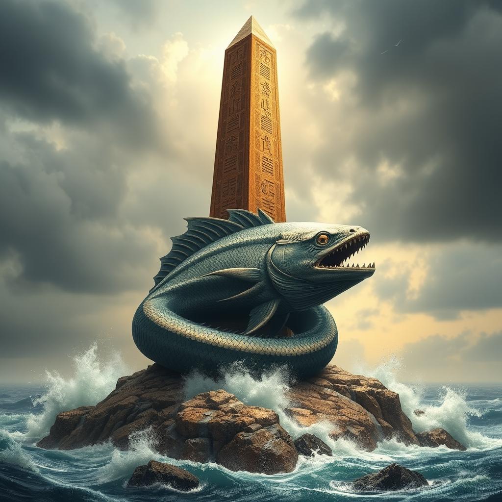 A majestic Egyptian obelisk standing tall on a rocky island, surrounded by crashing waves