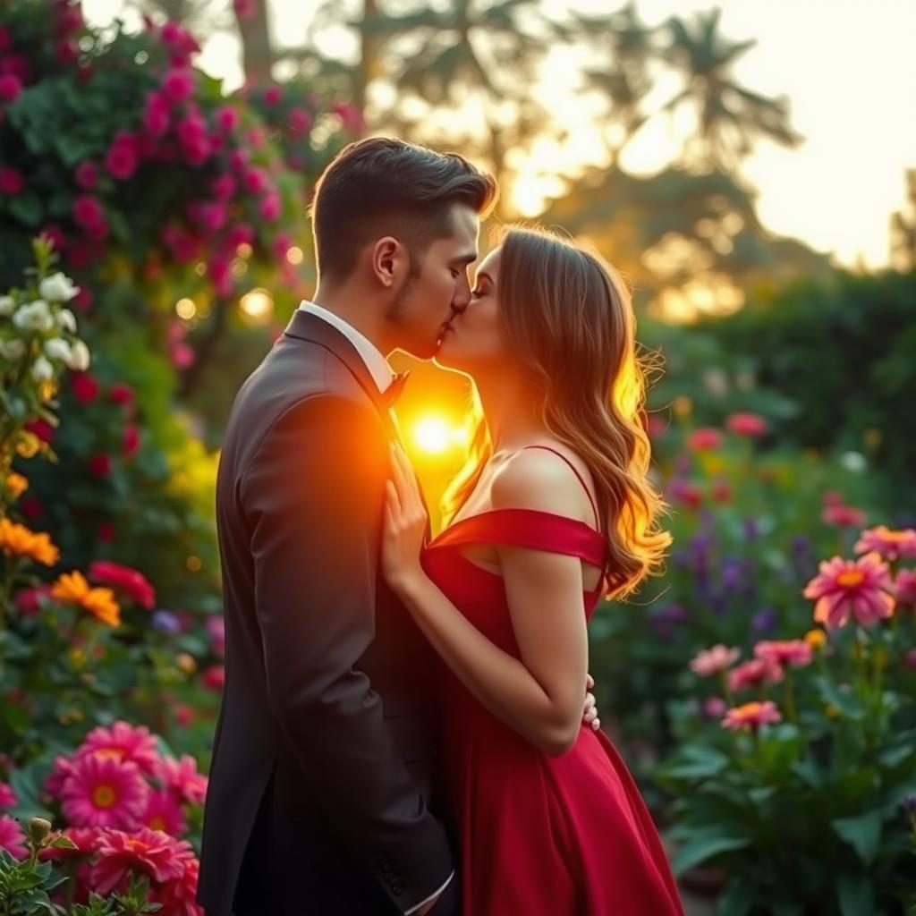 A passionate kiss between two lovers, standing in a lush garden filled with vibrant flowers and greenery