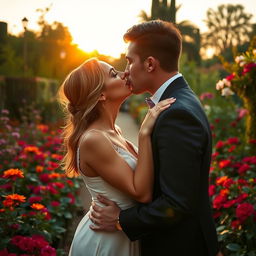 A passionate kiss between two lovers, standing in a lush garden filled with vibrant flowers and greenery
