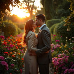 A passionate kiss between two lovers, standing in a lush garden filled with vibrant flowers and greenery