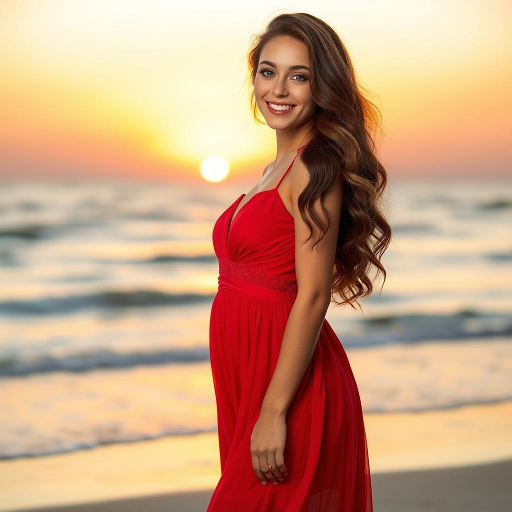 A full-body portrait of a confident young woman with wavy chestnut hair dressed in an elegant, flowing red dress that drapes beautifully to the floor