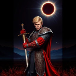 A dramatic red fantasy book cover featuring a blonde-haired man in intricately designed plate mail armor, striking an action pose