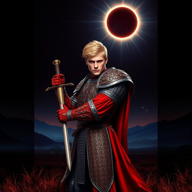 A dramatic red fantasy book cover featuring a blonde-haired man in intricately designed plate mail armor, striking an action pose