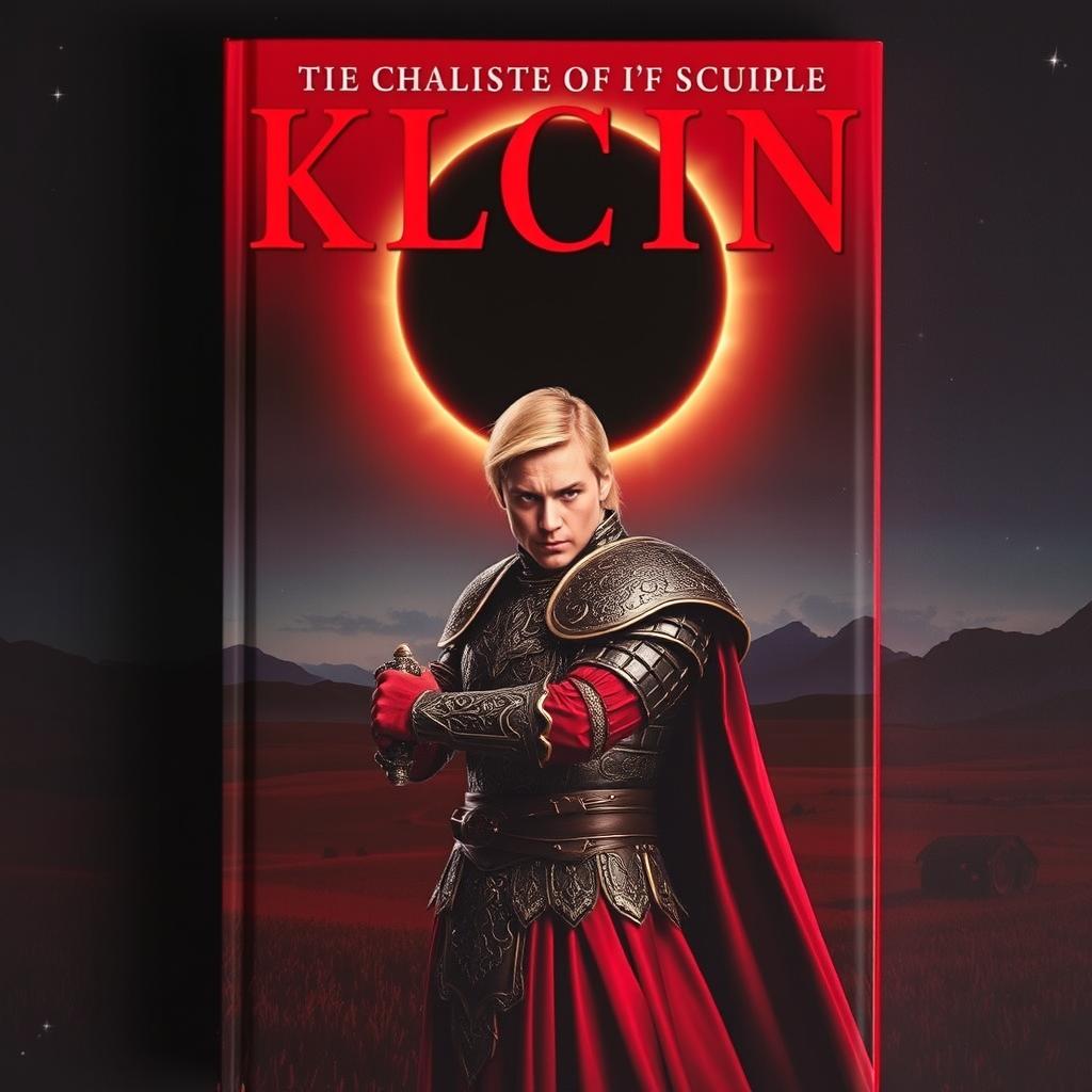 A dramatic red fantasy book cover featuring a blonde-haired man in intricately designed plate mail armor, striking an action pose