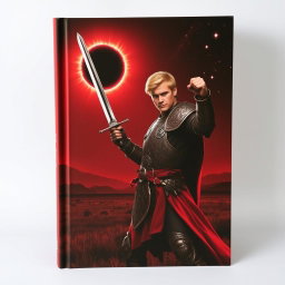 A dramatic red fantasy book cover featuring a blonde-haired man in intricately designed plate mail armor, striking an action pose