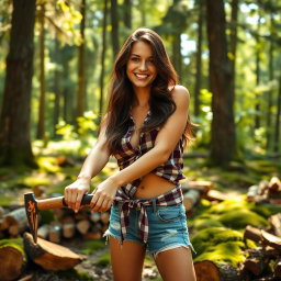 A sexy young woman with long, flowing brunette hair, wearing a fitted plaid shirt tied at the waist, and distressed denim shorts, is chopping firewood in a lush, sun-dappled wooded scene