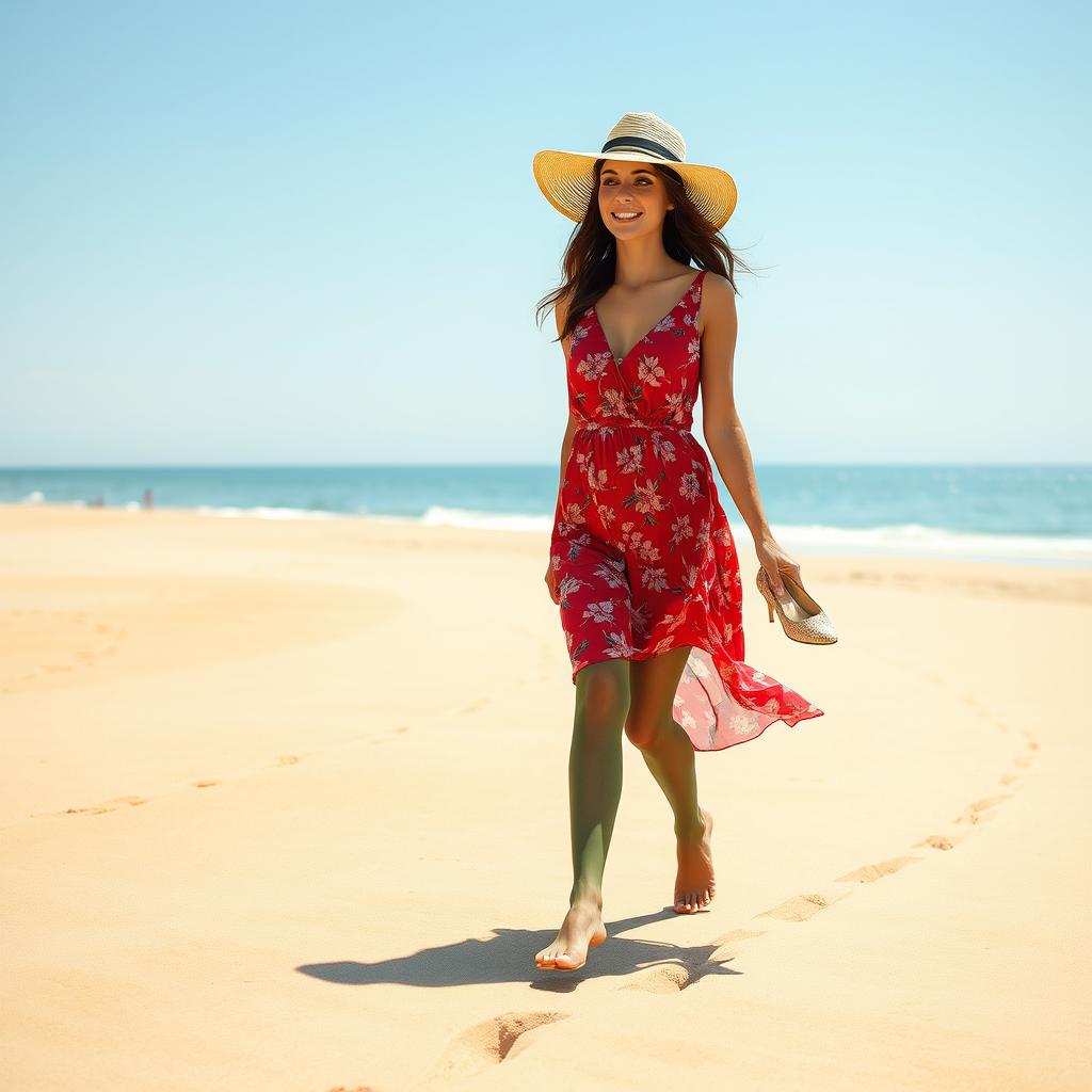 A beautiful brunette woman in her 30s walking on a sandy beach, leaving delicate footprints in the warm sand