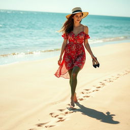 A beautiful brunette woman in her 30s walking on a sandy beach, leaving delicate footprints in the warm sand