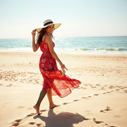 A beautiful brunette woman in her 30s walking on a sandy beach, leaving delicate footprints in the warm sand