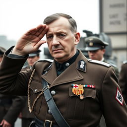 A historical scene depicting Hansi Flick performing the German salute while dressed in a detailed World War II German officer's uniform