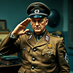 A historical scene depicting Hansi Flick performing the German salute while dressed in a detailed World War II German officer's uniform