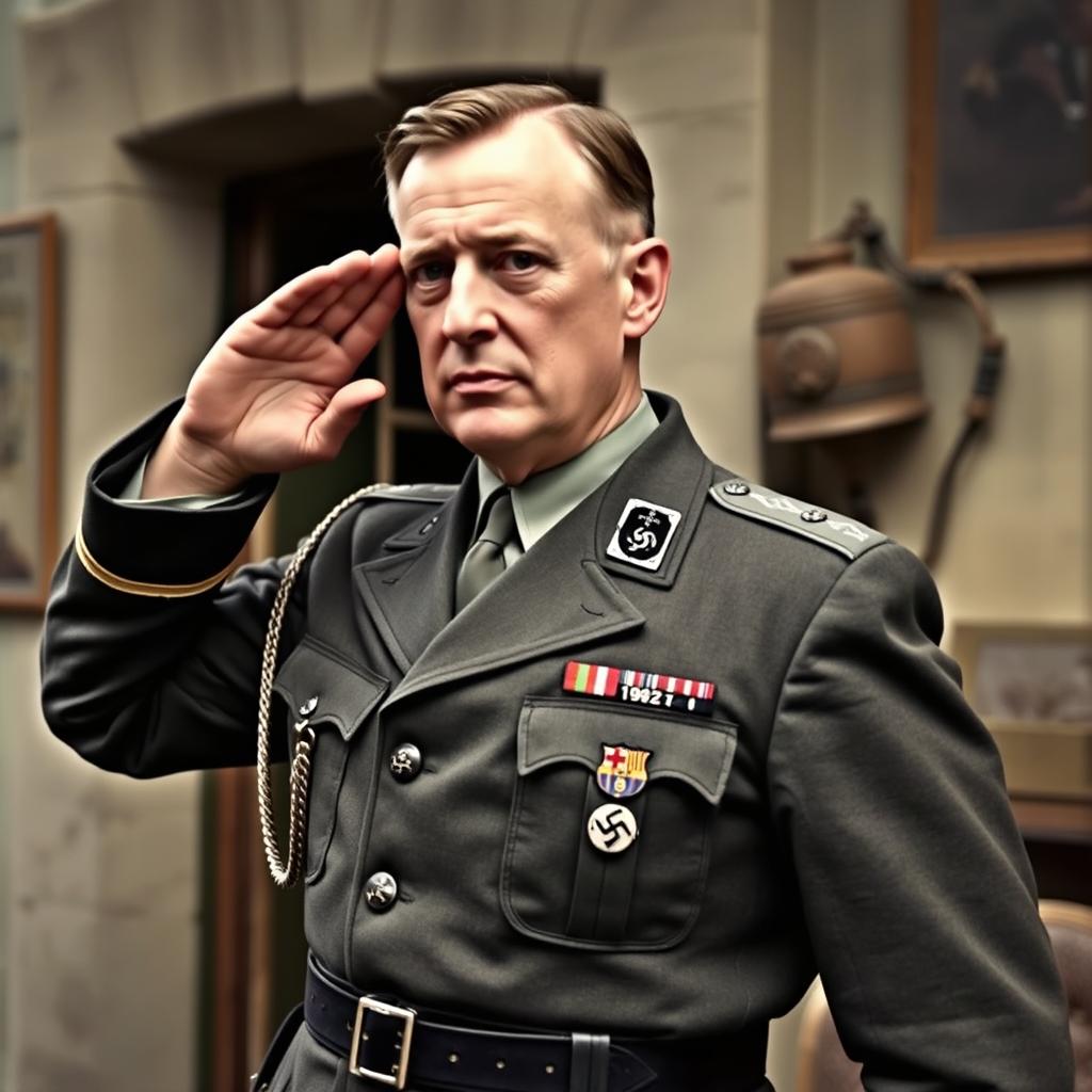 A historical scene depicting Hansi Flick performing the German salute while dressed in a detailed World War II German officer's uniform