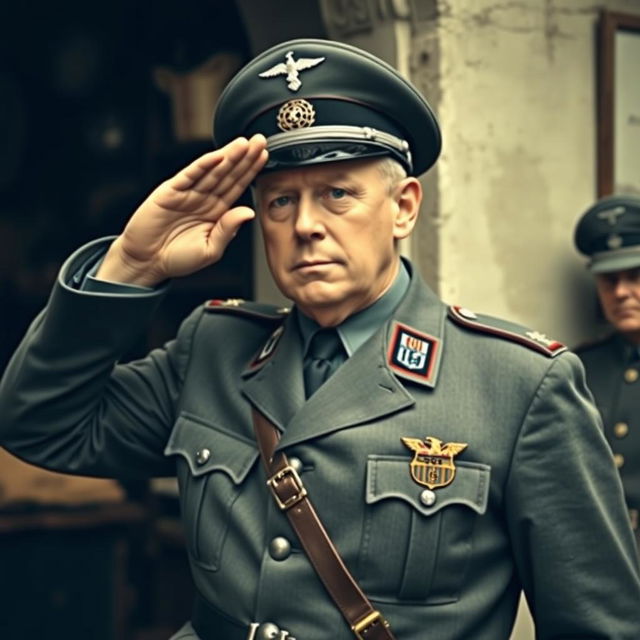A historical scene depicting Hansi Flick performing the German salute while dressed in a detailed World War II German officer's uniform