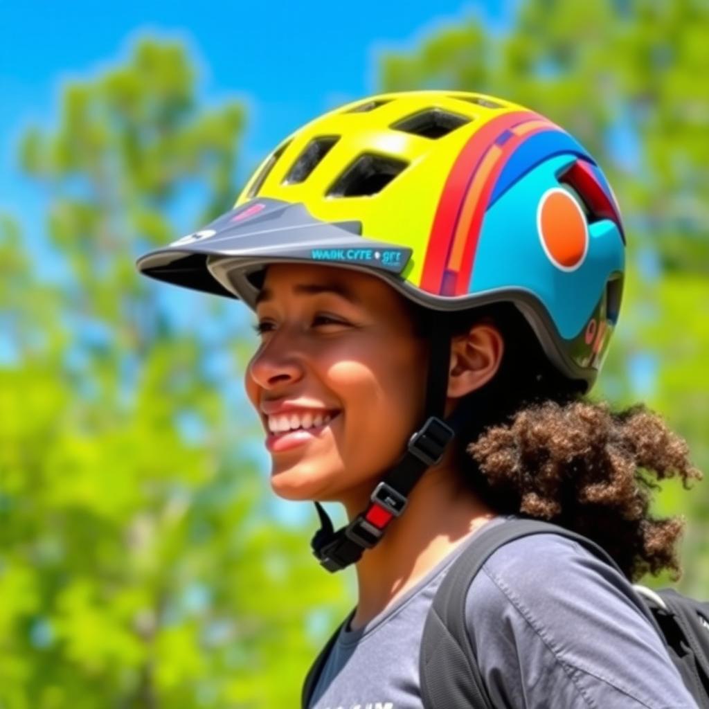 A person wearing a colorful helmet on their head, standing in a vibrant outdoor setting