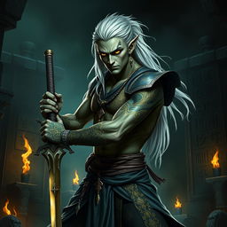 An elegant male adult githyanki monk, featuring intricate golden and silver tattoos on his skin, poised in a dynamic combat stance
