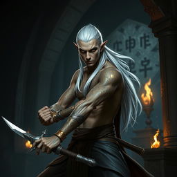 An elegant male adult githyanki monk, featuring intricate golden and silver tattoos on his skin, poised in a dynamic combat stance